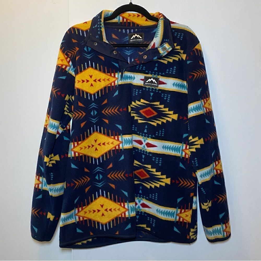 MASSIVE OUTDOOR Aztec Print Quarter Snap Fleece Pullover Blue Yellow Size Small